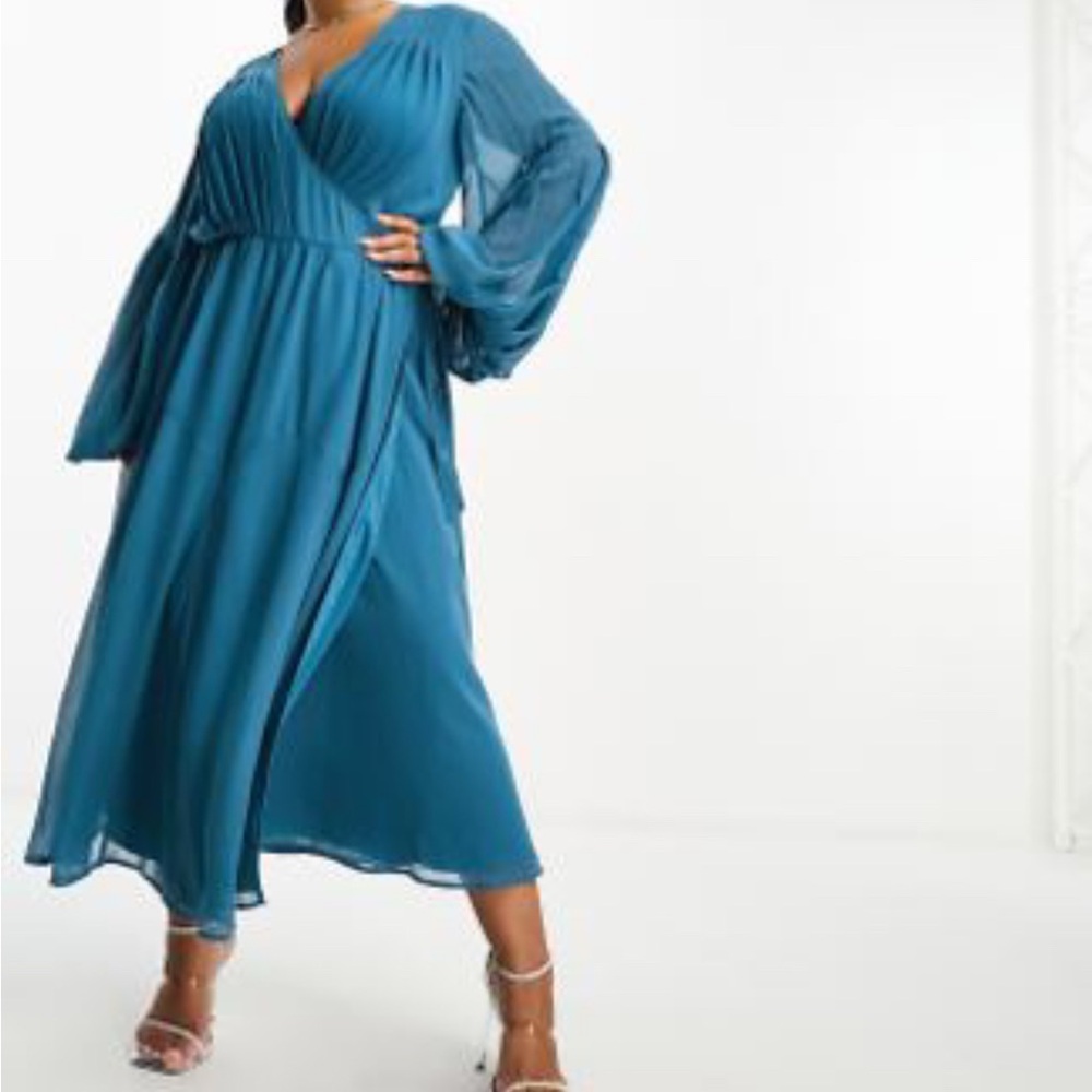 ASOS Curve Blue Smocked Tiered V-Neck Dress